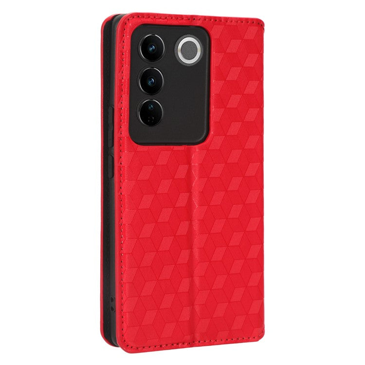 For vivo S16 / S16 Pro / V27 / V27 Pro Rhombus Pattern Imprinted Magnetic Closure Stand Cover Shockproof PU Leather Flip Wallet Phone Case - Red