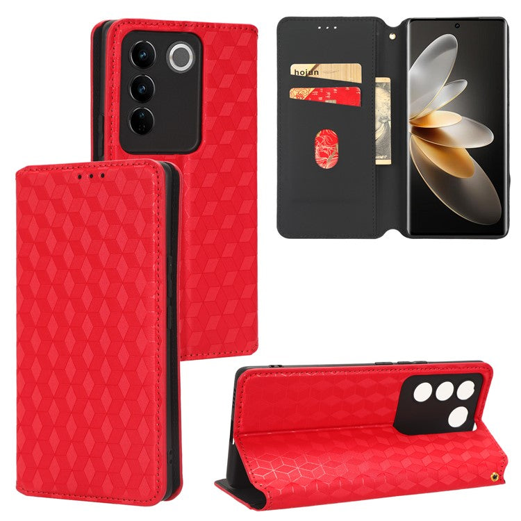 For vivo S16 / S16 Pro / V27 / V27 Pro Rhombus Pattern Imprinted Magnetic Closure Stand Cover Shockproof PU Leather Flip Wallet Phone Case - Red