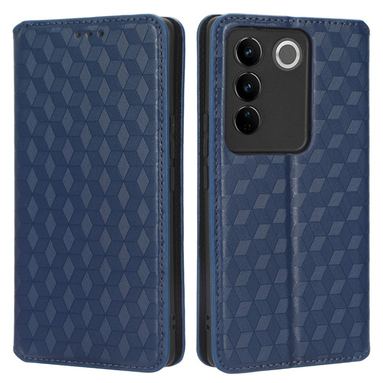 For vivo S16 / S16 Pro / V27 / V27 Pro Rhombus Pattern Imprinted Magnetic Closure Stand Cover Shockproof PU Leather Flip Wallet Phone Case - Blue