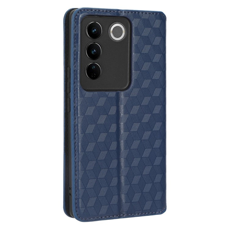 For vivo S16 / S16 Pro / V27 / V27 Pro Rhombus Pattern Imprinted Magnetic Closure Stand Cover Shockproof PU Leather Flip Wallet Phone Case - Blue