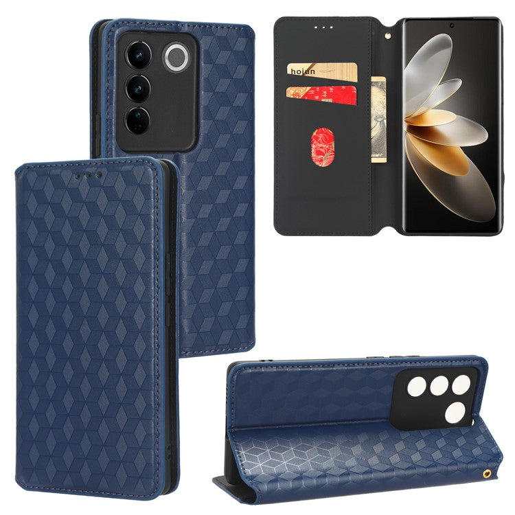 For vivo S16 / S16 Pro / V27 / V27 Pro Rhombus Pattern Imprinted Magnetic Closure Stand Cover Shockproof PU Leather Flip Wallet Phone Case - Blue