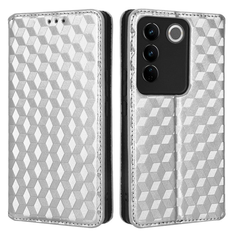 For vivo S16 / S16 Pro / V27 / V27 Pro Rhombus Pattern Imprinted Magnetic Closure Stand Cover Shockproof PU Leather Flip Wallet Phone Case - Silver