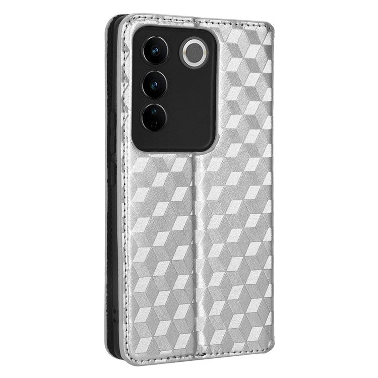 For vivo S16 / S16 Pro / V27 / V27 Pro Rhombus Pattern Imprinted Magnetic Closure Stand Cover Shockproof PU Leather Flip Wallet Phone Case - Silver