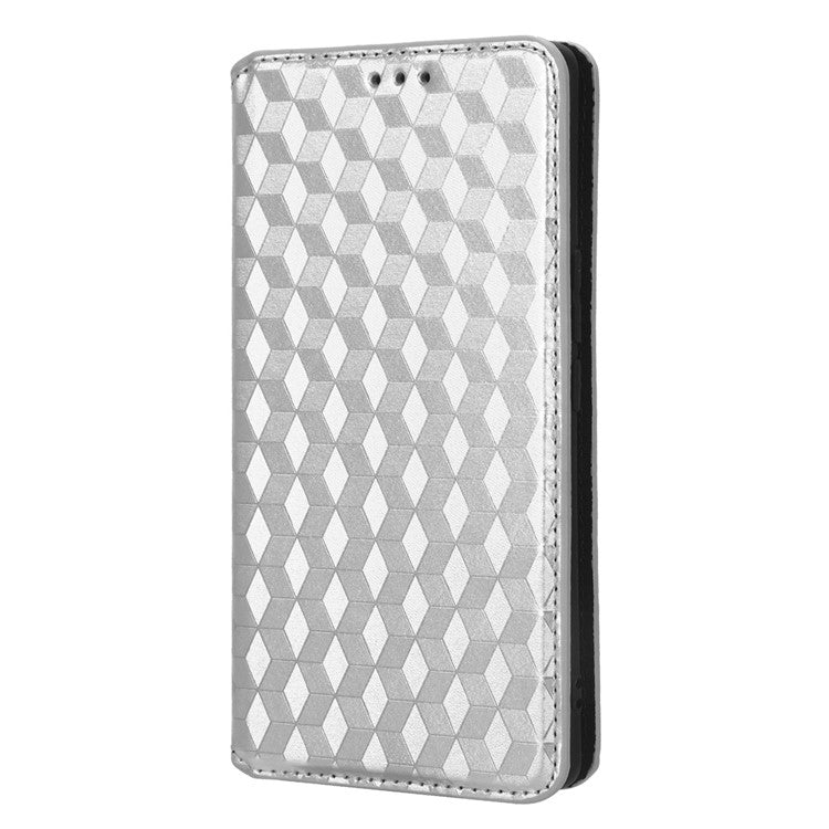 For vivo S16 / S16 Pro / V27 / V27 Pro Rhombus Pattern Imprinted Magnetic Closure Stand Cover Shockproof PU Leather Flip Wallet Phone Case - Silver