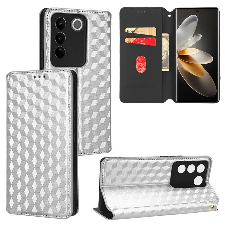 For vivo S16 / S16 Pro / V27 / V27 Pro Rhombus Pattern Imprinted Magnetic Closure Stand Cover Shockproof PU Leather Flip Wallet Phone Case - Silver