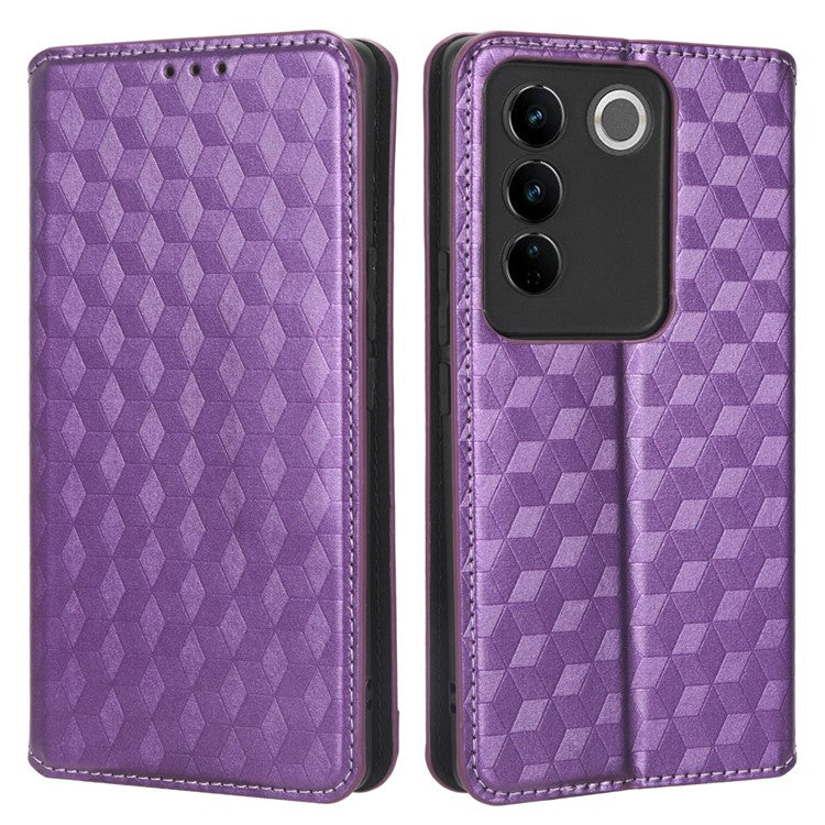 For vivo S16 / S16 Pro / V27 / V27 Pro Rhombus Pattern Imprinted Magnetic Closure Stand Cover Shockproof PU Leather Flip Wallet Phone Case - Purple