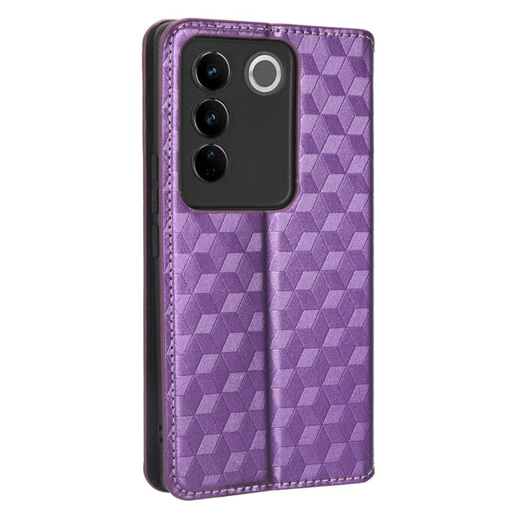 For vivo S16 / S16 Pro / V27 / V27 Pro Rhombus Pattern Imprinted Magnetic Closure Stand Cover Shockproof PU Leather Flip Wallet Phone Case - Purple