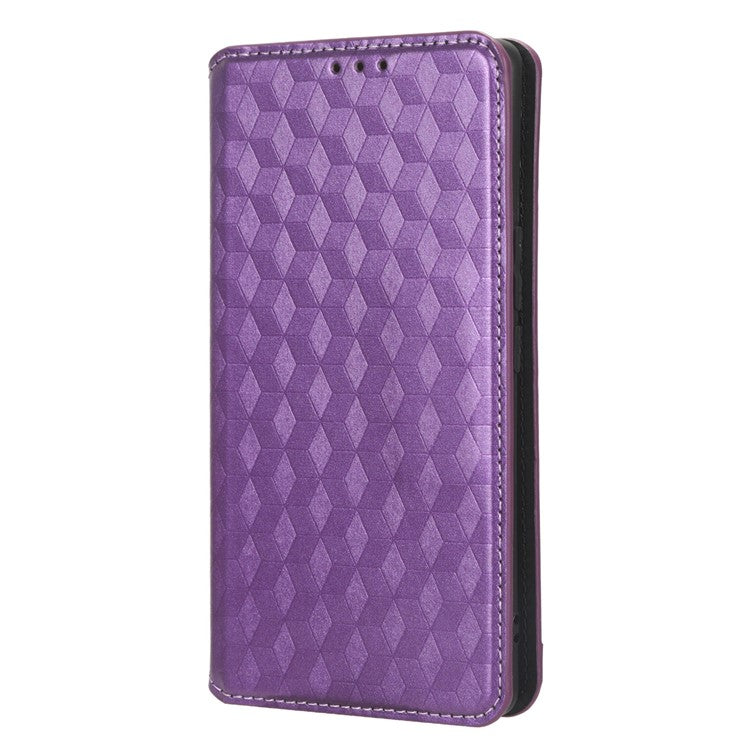 For vivo S16 / S16 Pro / V27 / V27 Pro Rhombus Pattern Imprinted Magnetic Closure Stand Cover Shockproof PU Leather Flip Wallet Phone Case - Purple