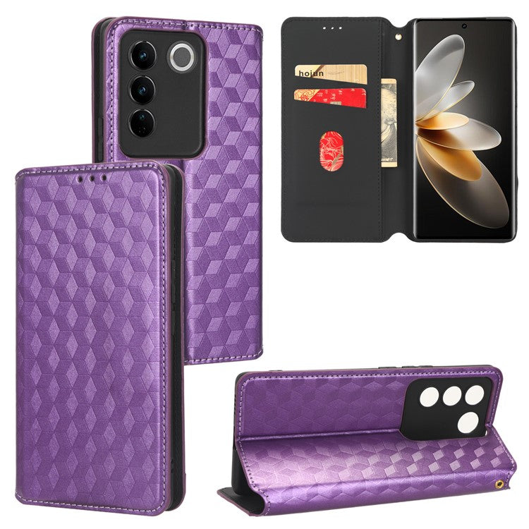 For vivo S16 / S16 Pro / V27 / V27 Pro Rhombus Pattern Imprinted Magnetic Closure Stand Cover Shockproof PU Leather Flip Wallet Phone Case - Purple