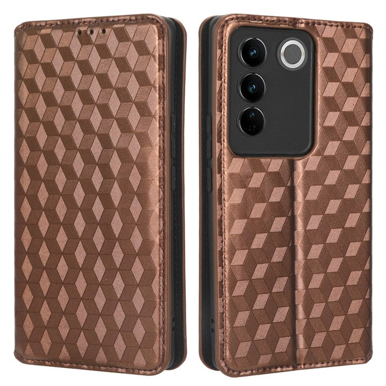 For vivo S16 / S16 Pro / V27 / V27 Pro Rhombus Pattern Imprinted Magnetic Closure Stand Cover Shockproof PU Leather Flip Wallet Phone Case - Brown