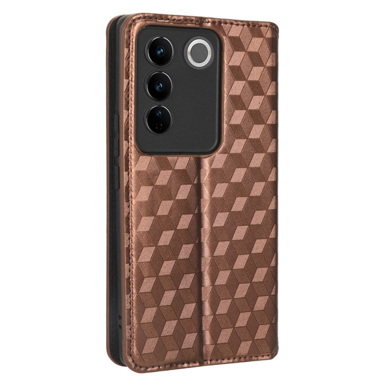 For vivo S16 / S16 Pro / V27 / V27 Pro Rhombus Pattern Imprinted Magnetic Closure Stand Cover Shockproof PU Leather Flip Wallet Phone Case - Brown