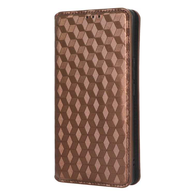 For vivo S16 / S16 Pro / V27 / V27 Pro Rhombus Pattern Imprinted Magnetic Closure Stand Cover Shockproof PU Leather Flip Wallet Phone Case - Brown