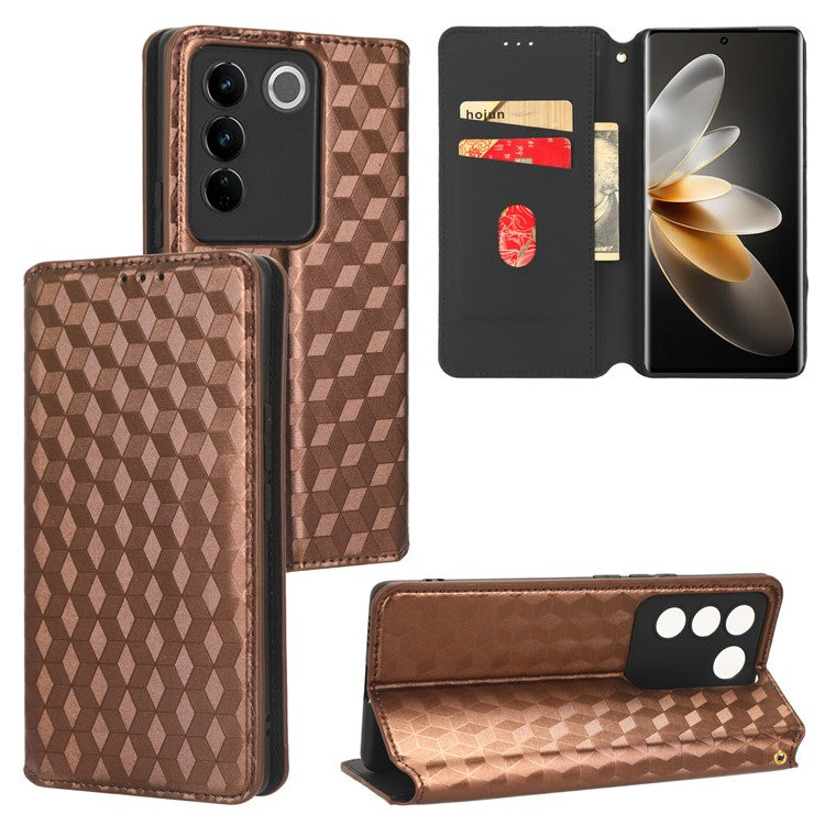 For vivo S16 / S16 Pro / V27 / V27 Pro Rhombus Pattern Imprinted Magnetic Closure Stand Cover Shockproof PU Leather Flip Wallet Phone Case - Brown