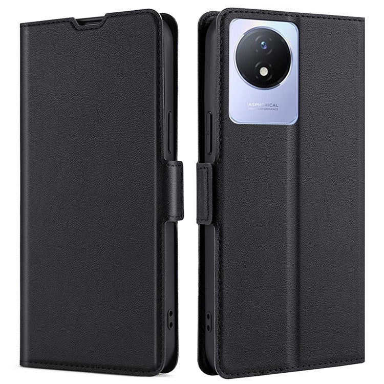 For vivo Y02 4G PU Leather Stand Cover Ultra Slim Shockproof Phone Case with Card Slot - Black