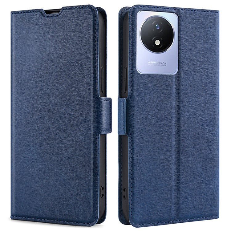 For vivo Y02 4G PU Leather Stand Cover Ultra Slim Shockproof Phone Case with Card Slot - Blue