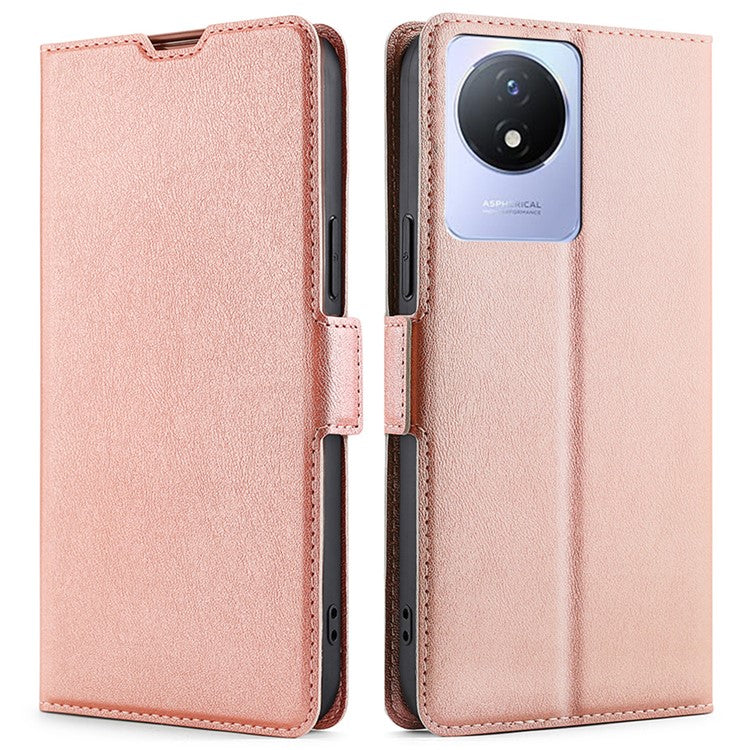 For vivo Y02 4G PU Leather Stand Cover Ultra Slim Shockproof Phone Case with Card Slot - Rose Gold