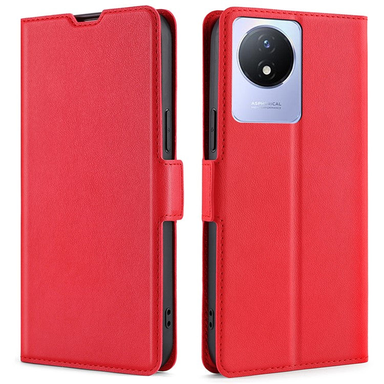 For vivo Y02 4G PU Leather Stand Cover Ultra Slim Shockproof Phone Case with Card Slot - Red