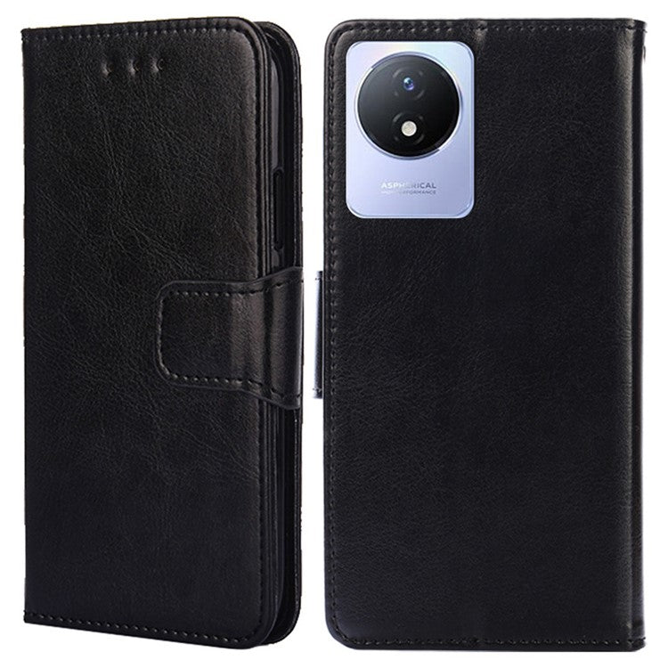 For vivo Y02 4G Foldable Stand Cover Textured PU Leather Shockproof Phone Wallet Case - Black