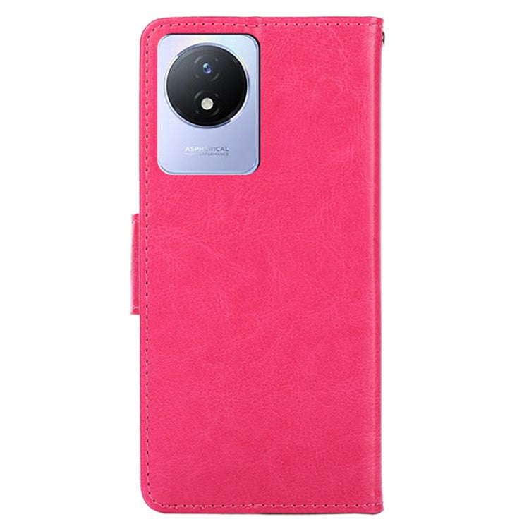 For vivo Y02 4G Foldable Stand Cover Textured PU Leather Shockproof Phone Wallet Case - Rose