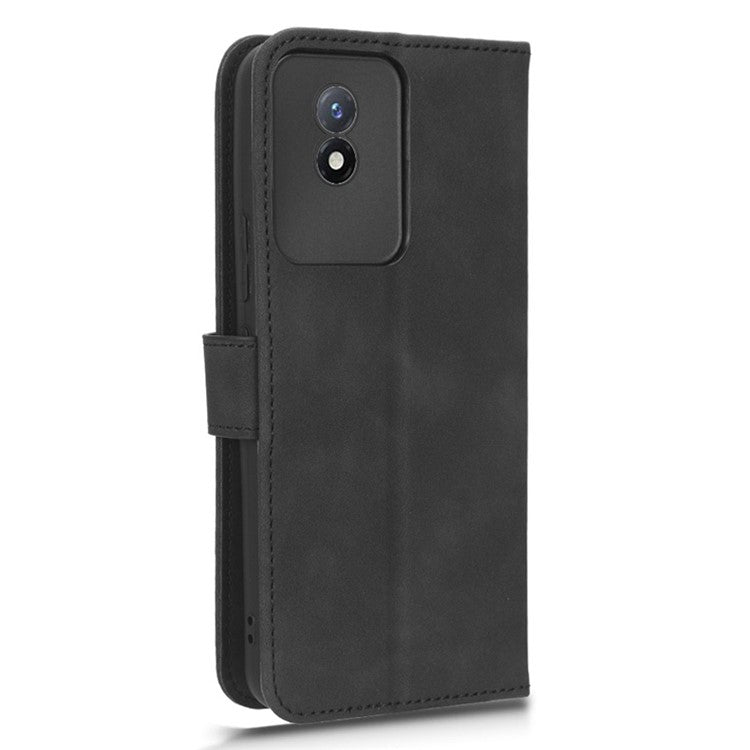 Flip Shell for vivo Y02 4G Skin-touch PU Phone Leather Case Wallet Stand Cell Phone Cover - Black