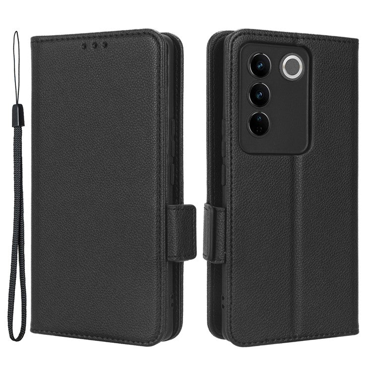 For vivo S16 / S16 Pro / V27 / V27 Pro Anti-Fingerprint Phone Case Wallet Stand Litchi Texture PU Leather Dual Magnetic Clasp Cover - Black