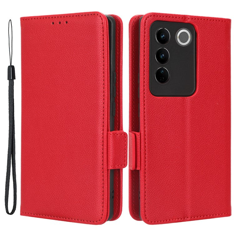 For vivo S16 / S16 Pro / V27 / V27 Pro Anti-Fingerprint Phone Case Wallet Stand Litchi Texture PU Leather Dual Magnetic Clasp Cover - Red