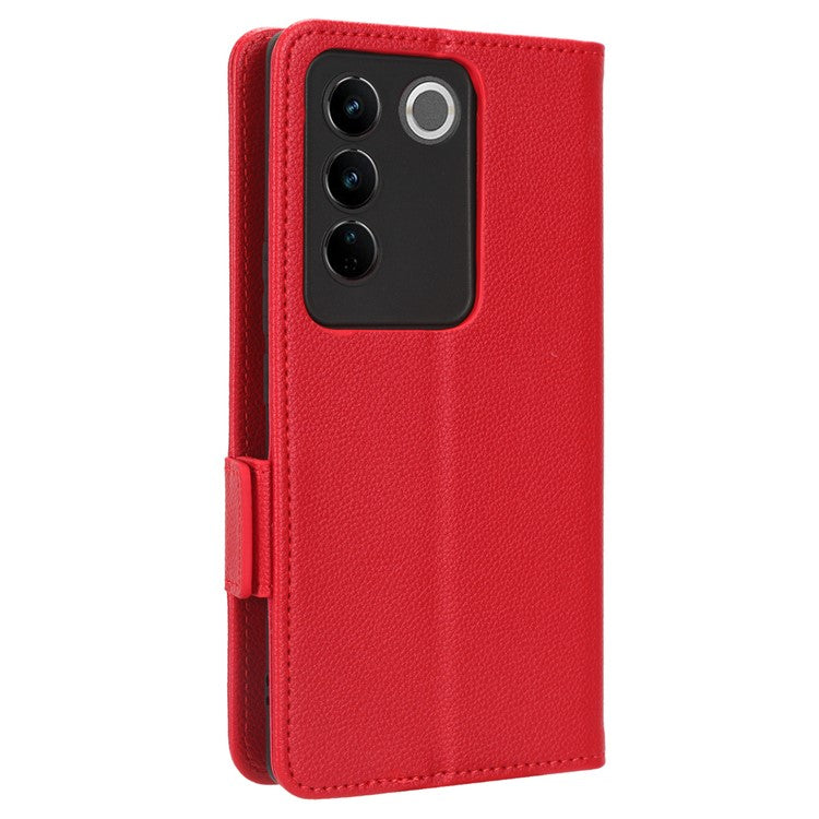 For vivo S16 / S16 Pro / V27 / V27 Pro Anti-Fingerprint Phone Case Wallet Stand Litchi Texture PU Leather Dual Magnetic Clasp Cover - Red