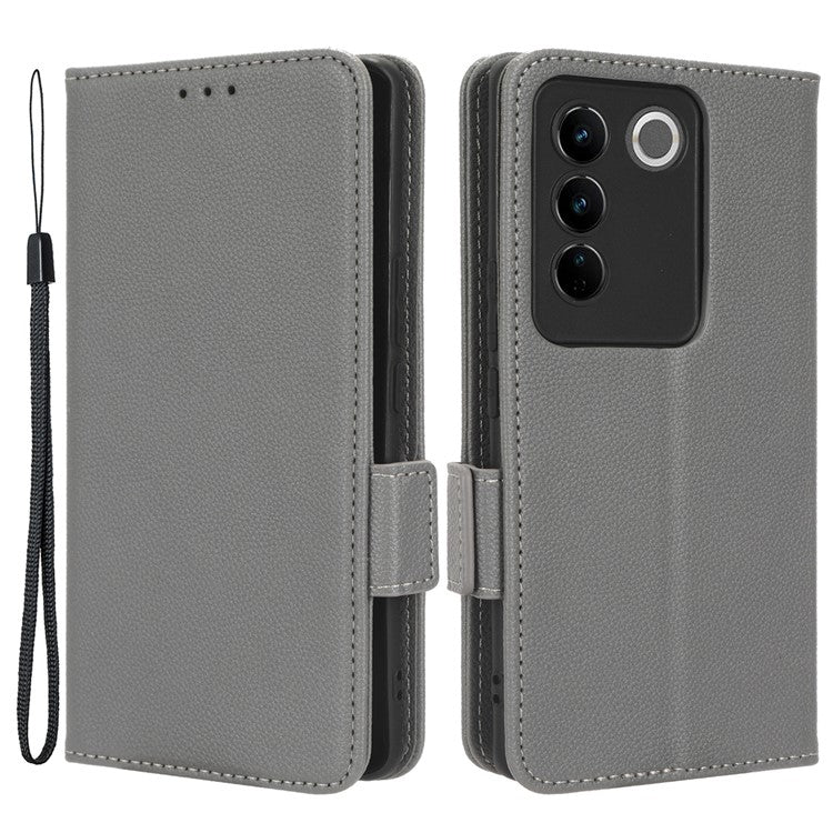 For vivo S16 / S16 Pro / V27 / V27 Pro Anti-Fingerprint Phone Case Wallet Stand Litchi Texture PU Leather Dual Magnetic Clasp Cover - Grey