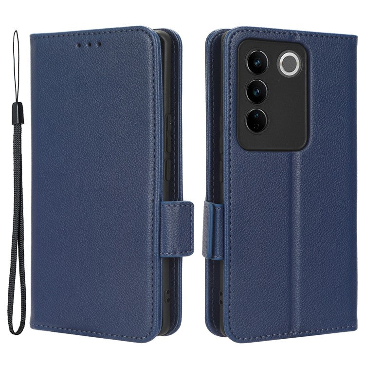 For vivo S16 / S16 Pro / V27 / V27 Pro Anti-Fingerprint Phone Case Wallet Stand Litchi Texture PU Leather Dual Magnetic Clasp Cover - Dark Blue