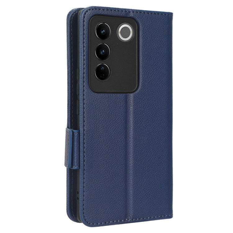 For vivo S16 / S16 Pro / V27 / V27 Pro Anti-Fingerprint Phone Case Wallet Stand Litchi Texture PU Leather Dual Magnetic Clasp Cover - Dark Blue