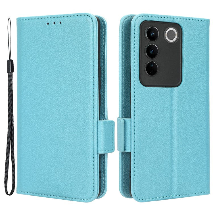 For vivo S16 / S16 Pro / V27 / V27 Pro Anti-Fingerprint Phone Case Wallet Stand Litchi Texture PU Leather Dual Magnetic Clasp Cover - Baby Blue