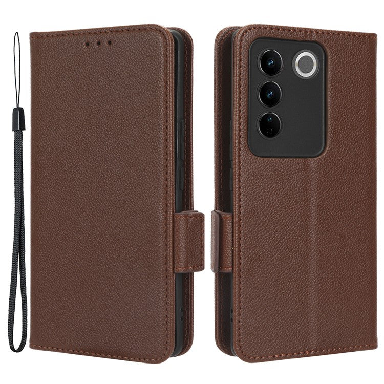 For vivo S16 / S16 Pro / V27 / V27 Pro Anti-Fingerprint Phone Case Wallet Stand Litchi Texture PU Leather Dual Magnetic Clasp Cover - Brown