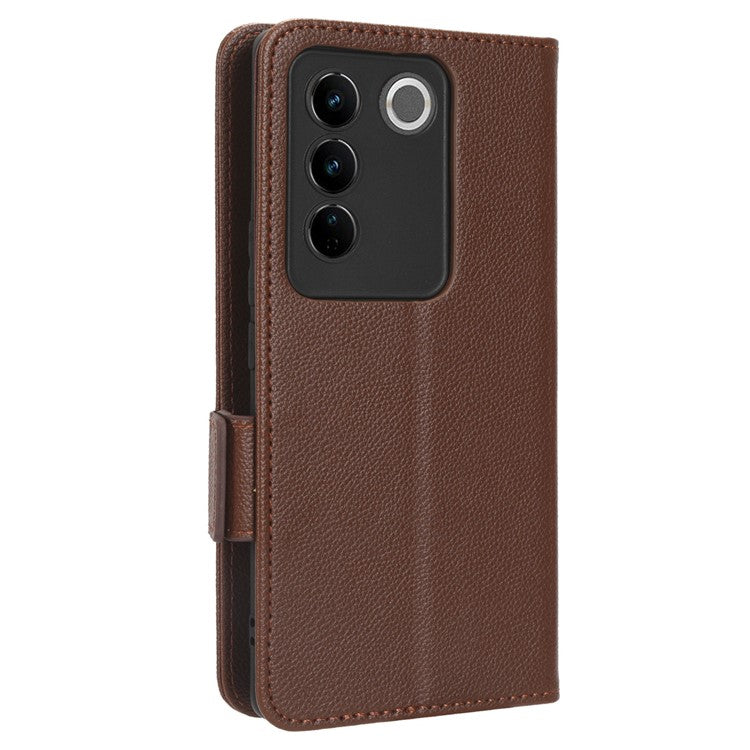 For vivo S16 / S16 Pro / V27 / V27 Pro Anti-Fingerprint Phone Case Wallet Stand Litchi Texture PU Leather Dual Magnetic Clasp Cover - Brown