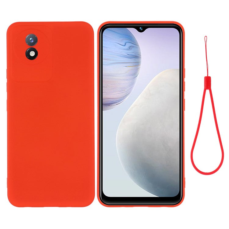 For vivo Y02 4G Liquid Silicone Case Anti-collision Cell Phone Cover Protector with Strap - Red