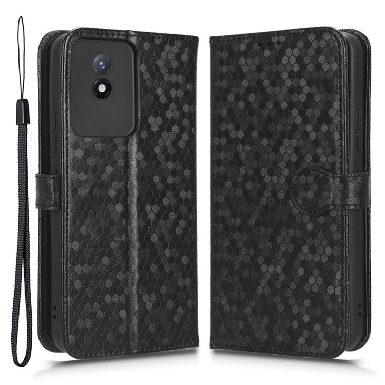 For vivo Y02 4G Dot Pattern Imprinted Phone Cover PU Leather Shockproof Wallet Stand Case with Wrist Strap - Black