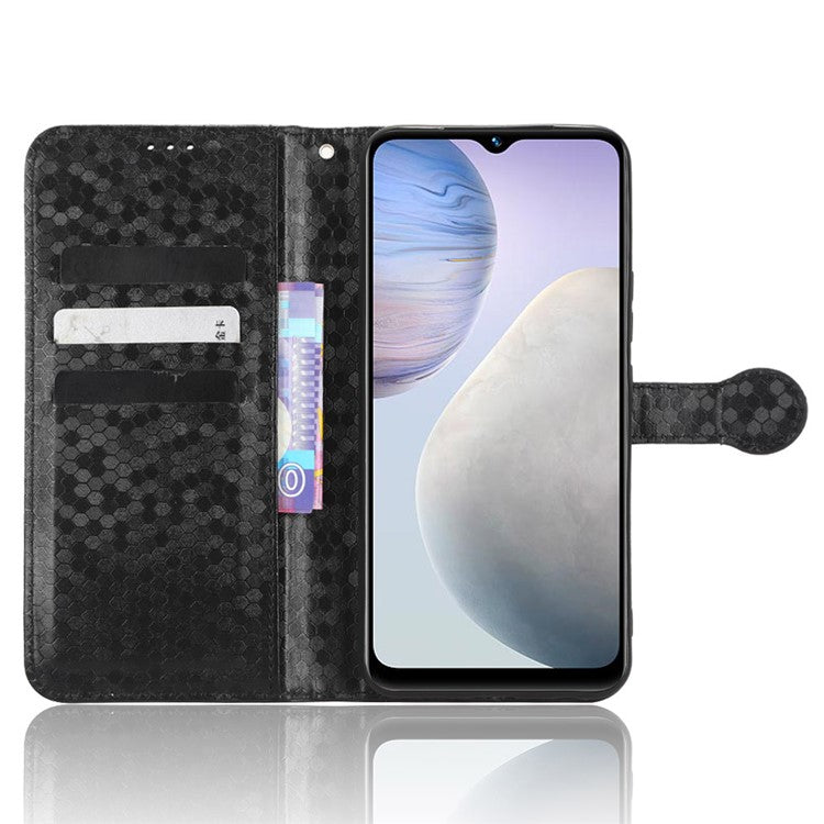 For vivo Y02 4G Dot Pattern Imprinted Phone Cover PU Leather Shockproof Wallet Stand Case with Wrist Strap - Black