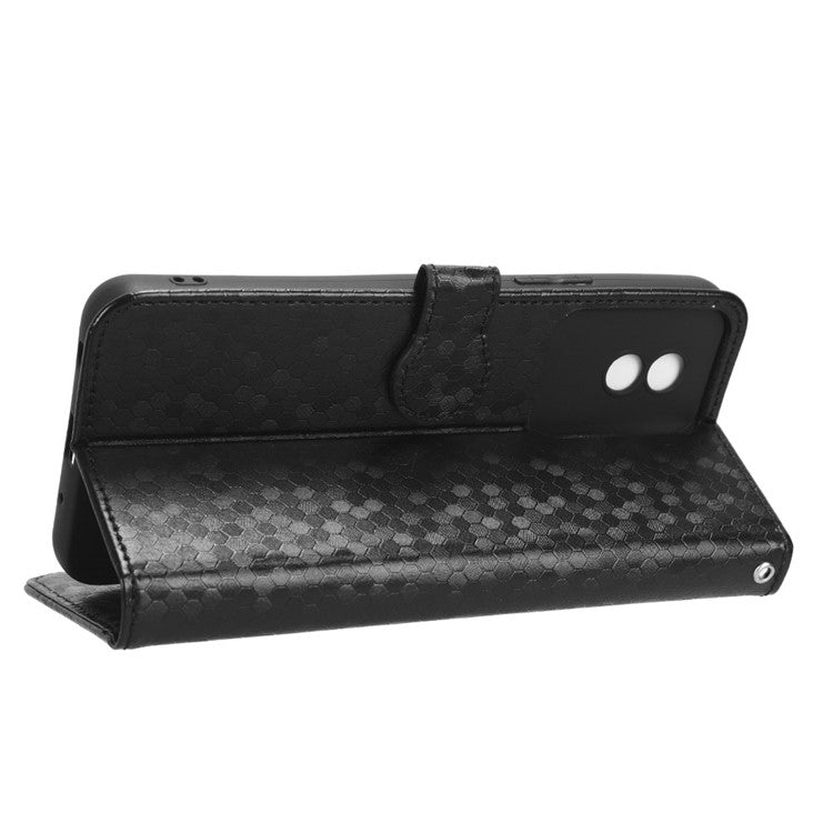 For vivo Y02 4G Dot Pattern Imprinted Phone Cover PU Leather Shockproof Wallet Stand Case with Wrist Strap - Black