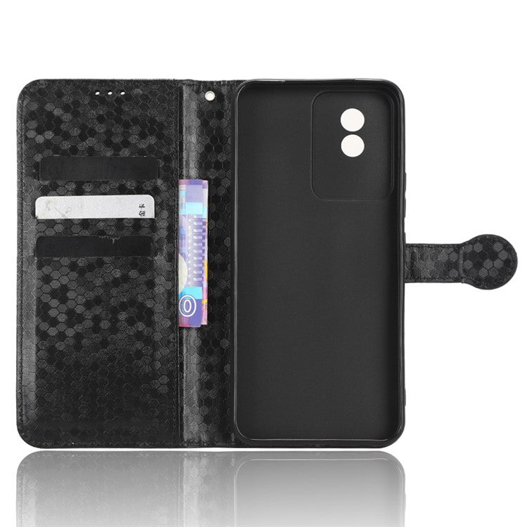 For vivo Y02 4G Dot Pattern Imprinted Phone Cover PU Leather Shockproof Wallet Stand Case with Wrist Strap - Black