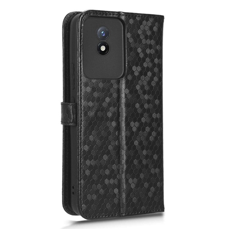 For vivo Y02 4G Dot Pattern Imprinted Phone Cover PU Leather Shockproof Wallet Stand Case with Wrist Strap - Black