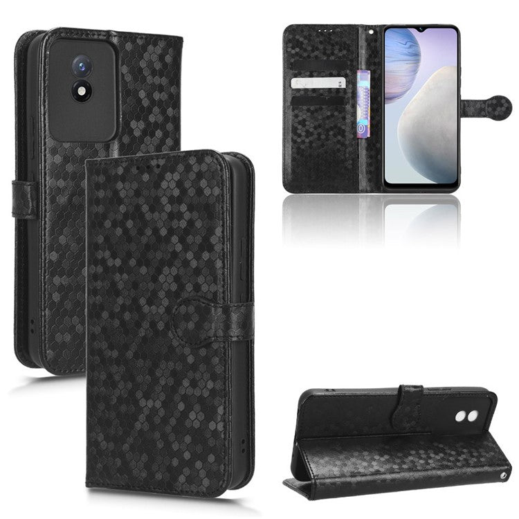 For vivo Y02 4G Dot Pattern Imprinted Phone Cover PU Leather Shockproof Wallet Stand Case with Wrist Strap - Black