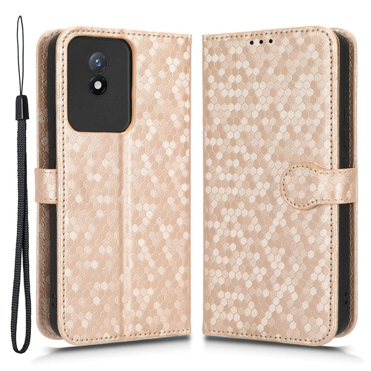 For vivo Y02 4G Dot Pattern Imprinted Phone Cover PU Leather Shockproof Wallet Stand Case with Wrist Strap - Rose Gold