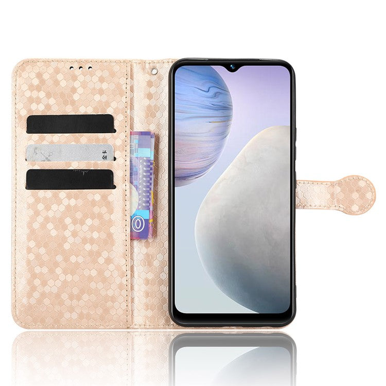 For vivo Y02 4G Dot Pattern Imprinted Phone Cover PU Leather Shockproof Wallet Stand Case with Wrist Strap - Rose Gold