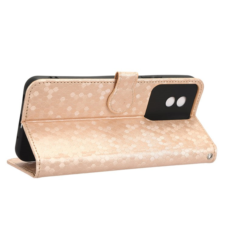 For vivo Y02 4G Dot Pattern Imprinted Phone Cover PU Leather Shockproof Wallet Stand Case with Wrist Strap - Rose Gold