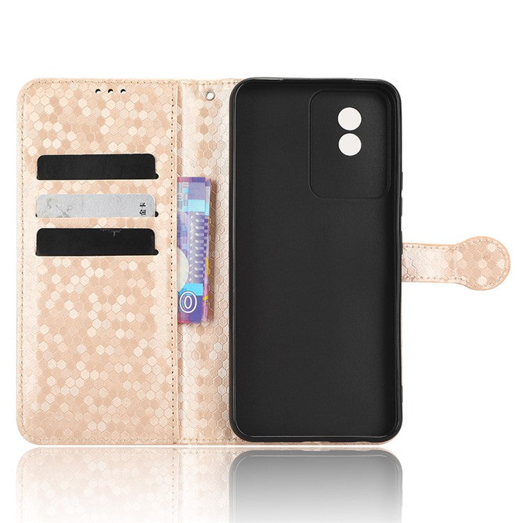 For vivo Y02 4G Dot Pattern Imprinted Phone Cover PU Leather Shockproof Wallet Stand Case with Wrist Strap - Rose Gold