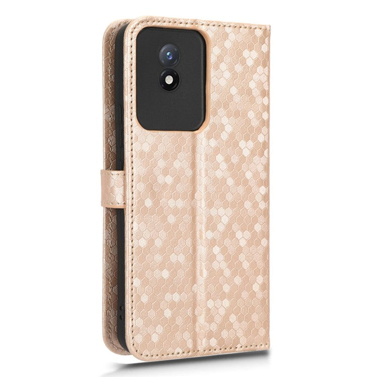 For vivo Y02 4G Dot Pattern Imprinted Phone Cover PU Leather Shockproof Wallet Stand Case with Wrist Strap - Rose Gold