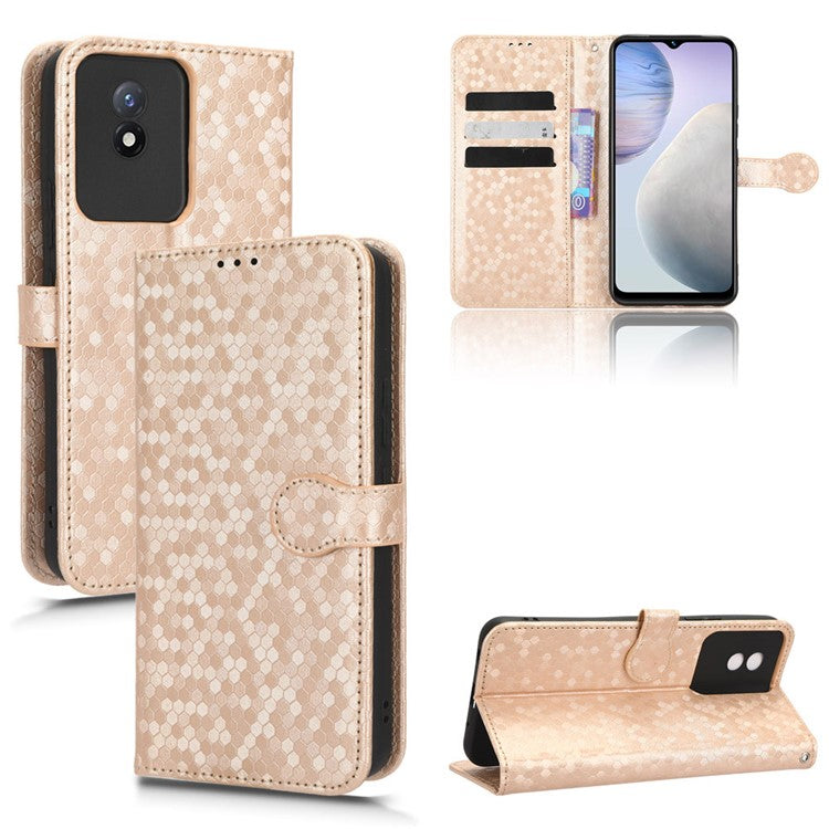 For vivo Y02 4G Dot Pattern Imprinted Phone Cover PU Leather Shockproof Wallet Stand Case with Wrist Strap - Rose Gold