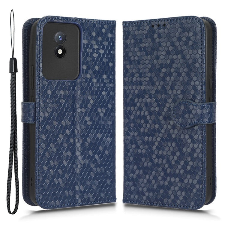 For vivo Y02 4G Dot Pattern Imprinted Phone Cover PU Leather Shockproof Wallet Stand Case with Wrist Strap - Dark Blue