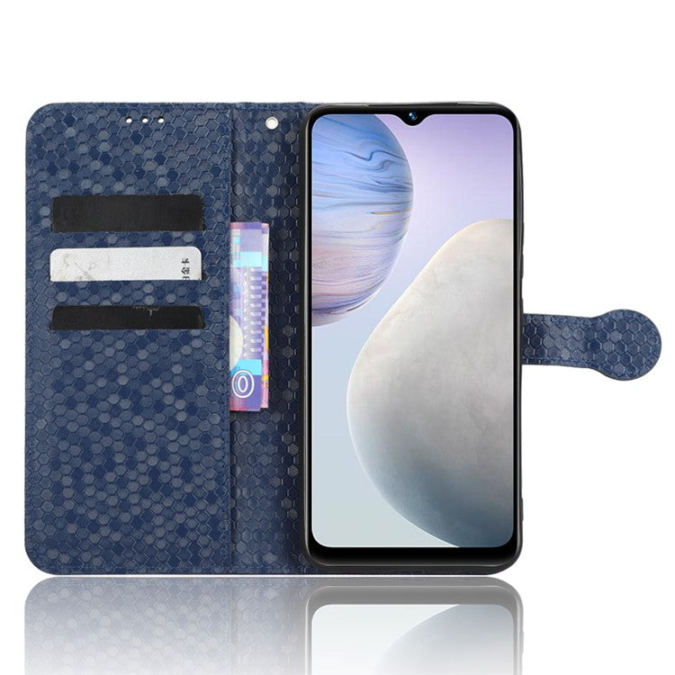 For vivo Y02 4G Dot Pattern Imprinted Phone Cover PU Leather Shockproof Wallet Stand Case with Wrist Strap - Dark Blue