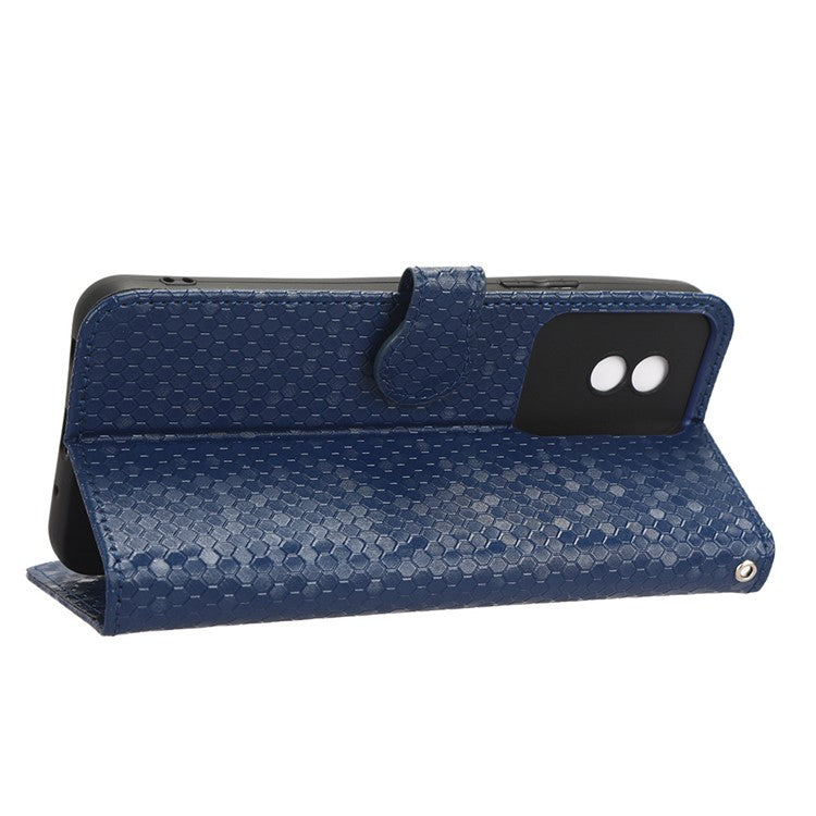 For vivo Y02 4G Dot Pattern Imprinted Phone Cover PU Leather Shockproof Wallet Stand Case with Wrist Strap - Dark Blue