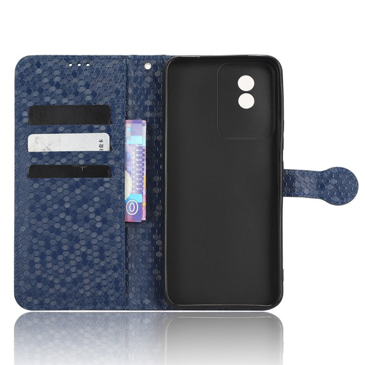 For vivo Y02 4G Dot Pattern Imprinted Phone Cover PU Leather Shockproof Wallet Stand Case with Wrist Strap - Dark Blue